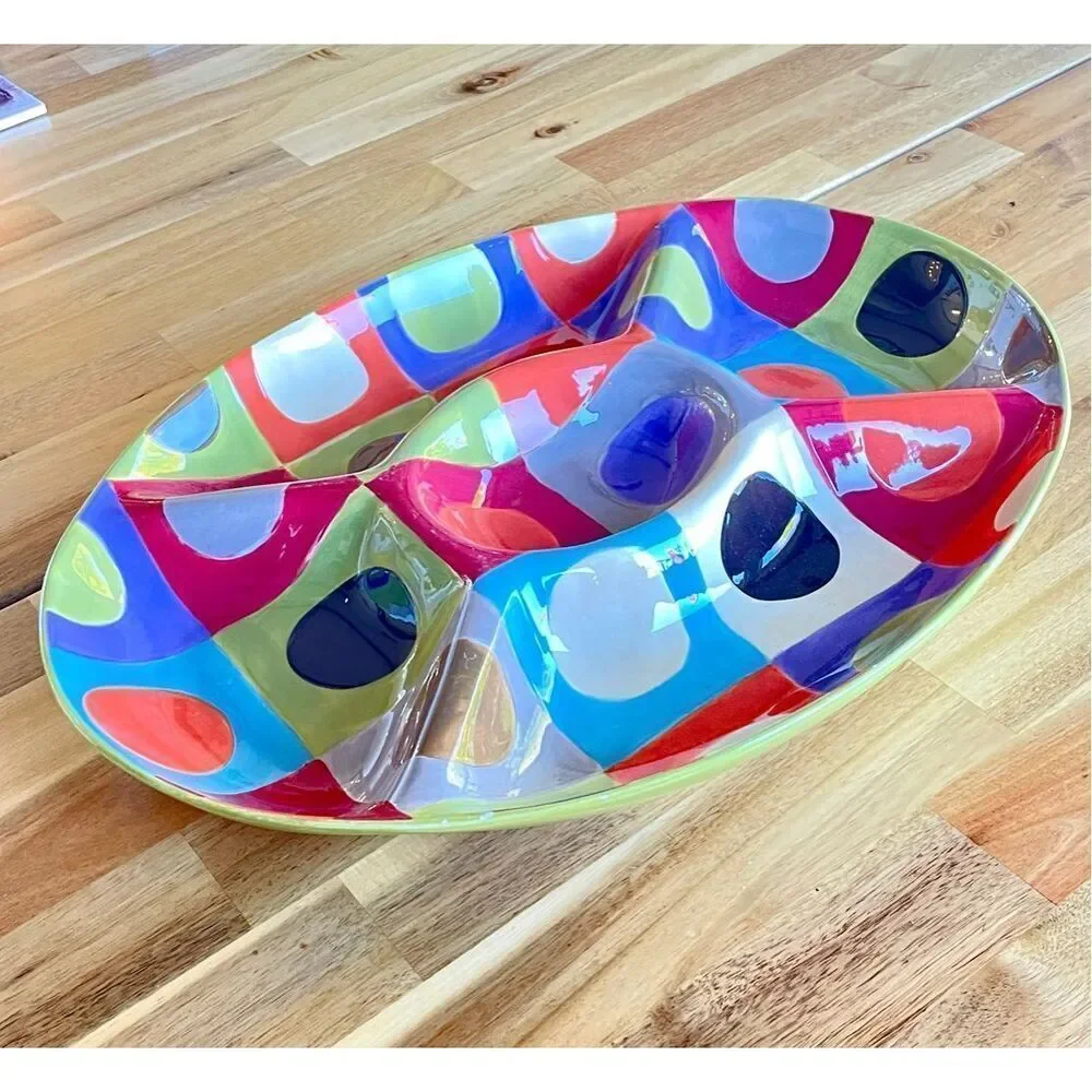 NWT Colorful Pier1 Urban Dot 5 Divided Oval Relish Chip Dip Serving Tray Platter